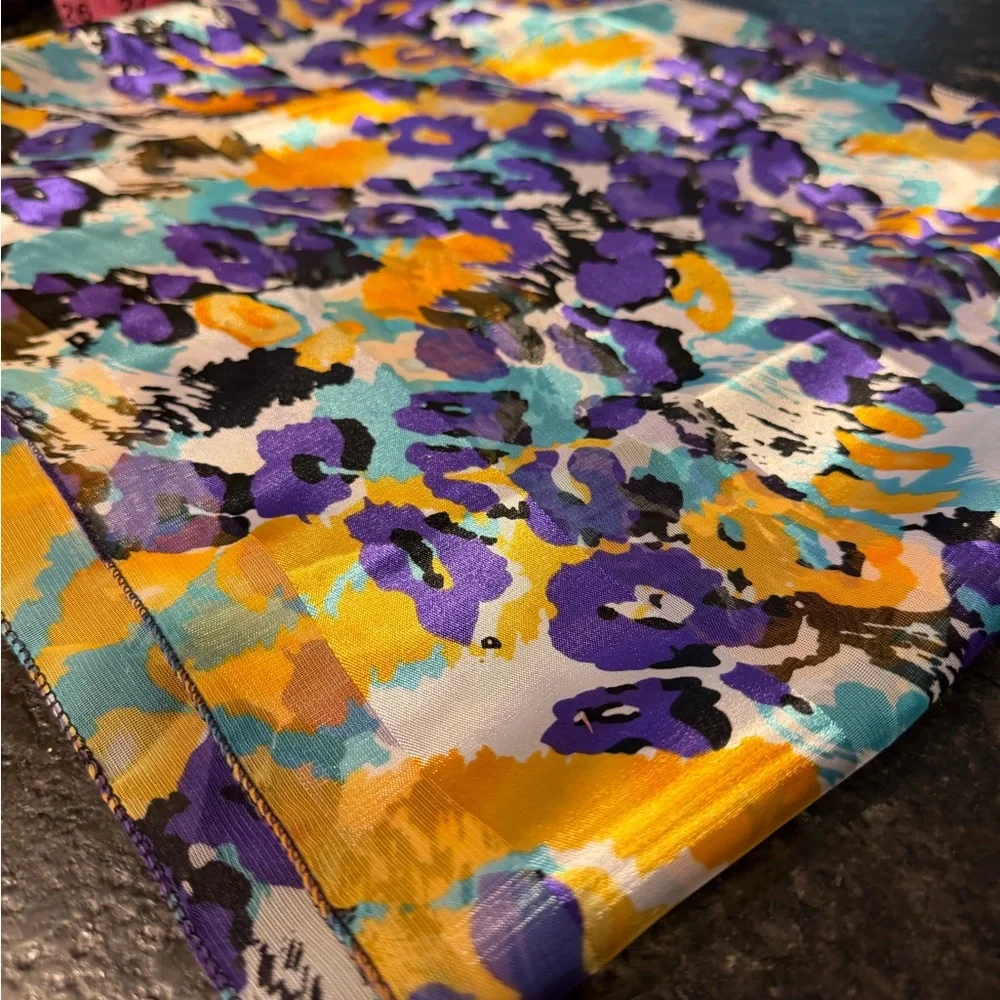 Colorful Floral Silk-Look Scarf 58” Purple Turquoise Gold Hair Neck Purse Wrap